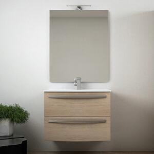 STELLA - Mobile bagno sospeso 75 cm 2 cassetti lavabo e specchio led Rovere tabacco Completa