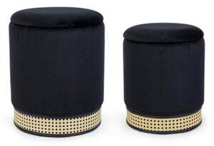 Set 2 Pouf contenitore MILENA in velluto Nero decoro base similpelle e rattan