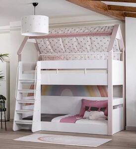 Letto a castello a forma di casetta realizzato in legno con tettuccio rivestito in stoffa, colore rosa