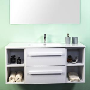 LIRIOC - Mobile bagno sospeso cm 120 cassetti con toletta lavabo specchio e applique Cemento Bianco Mobile con Lavabo