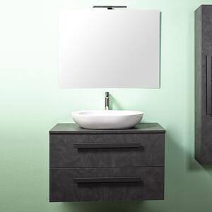 LIRIOA - Mobile bagno sospeso cm 80 2 cassetti con lavabo d'appoggio specchio e applique Cemento Scuro Completa