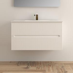 FLY - Mobile bagno sospeso in legno cm 100 bianco opaco cannettato con specchio e luce led Mobile con Lavabo