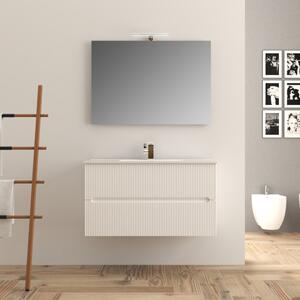 FLY - Mobile bagno sospeso in legno cm 100 bianco opaco cannettato con specchio e luce led Completa