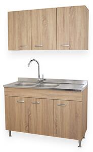 BASIC - Mobile cucina 120 cm 3 ante con pensile scolapiatti e lavello piano dx rovere well