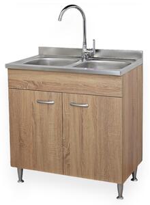 BASIC - Mobile sottolavello cucina 2 ante con lavello inox 2 vasche rovere well