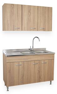 BASIC - Mobile cucina 120 cm 3 ante con pensile scolapiatti e lavello piano sx rovere well