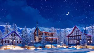 Fotografia Snowbound alpine mountain town at winter night, Marseas