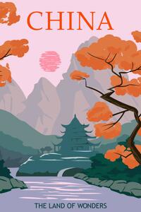 Illustrazione China vintage poster autumn landscape mountains, VectorUp