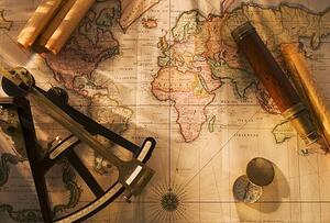 Fotografia Octant compass and telescope on nautical map, Tetra Images