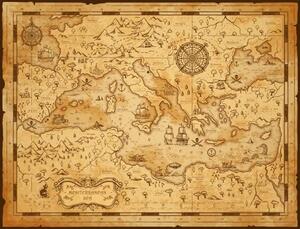 Mappa Old vintage map of Mediterranean sea pirate sail, seamartini