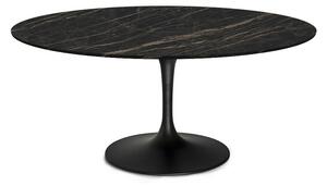 Tavolo tulip allungabile da esterno con piano rotondo in laminam, colore base alluminio nero lucido, misure piano diametro 80 allungabile fino a cm 125 altezza 73, finiture noir desir polished