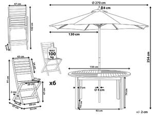 Set da pranzo da giardino in 6 posti Tavolo rotondo in legno di acacia chiaro pieghevoli con ombrellone Beliani
