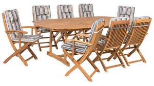 Set da pranzo all'aperto in legno di acacia chiaro con cuscini a righe tavolo a 8 posti sedie pieghevoli design rustico Beliani
