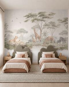 Carta da parati Safari con giraffe, leoni, zebre e alberi tropicali, Carta da parati Buffer, w05804 : Uwalls.it