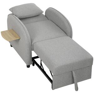 HOMCOM Poltrona Letto 3 in 1 Estraibile in Tessuto Lino, Schienale Regolabile, Tavolino Laterale, Grigio | Aosom Italy