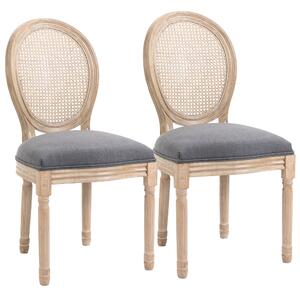 HOMCOM Set di 2 Sedie Sala da Pranzo in Tessuto Effetto Lino con Schienale in Rattan Traforato, Gambe in Legno, Grigio | Aosom Italy