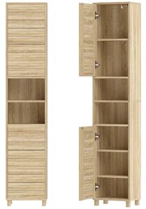 HOMCOM Armadio Alto da Bagno a Colonna con Ripiani Regolabili e Ante a lamelle apertura a pressione, 34x23x170 cm, Legno Naturale | Aosom Italy