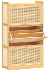 HOMCOM Scarpiera Stretta in Bambù per 18-21 Paia di Scarpe, 3 Cassetti a Ribalta in Rattan, 69x29x119,8 cm, Naturale | Aosom Italy