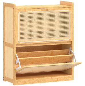HOMCOM Scarpiera Stretta in Bambù per 12-14 Paia di Scarpe con 2 Ante a Ribalta in Rattan, 69x29x83 cm, Finitura Legno Naturale | Aosom Italy