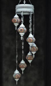 Lampada a sospensione in vetro colorato con mosaico orientale, bianco crema, 7 sfere, realizzata a mano in Turchia