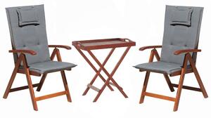 Set da bistrot da giardino in legno di acacia scuro con cuscini grigi tavolo da tè 2 sedie pieghevoli resistenti ai raggi UV Beliani