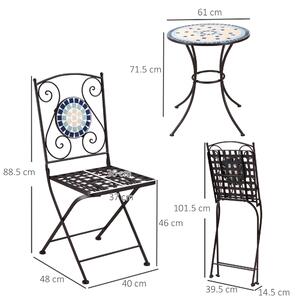 Outsunny Mobili da Giardino Set 3 Pezzi con 2 Sedie Pieghevoli e 1 Tavolino Rotondo a Mosaico, in Metallo e Ceramica, Multicolore