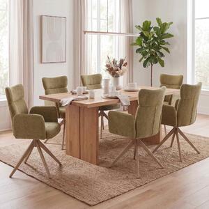 Set di 6 sedie da pranzo modello HWC-N11, sedia girevole con meccanismo di ritorno automatico, rivestita in tessuto bouclé (350g/m²), Öko-Tex, colore verde oliva, gambe effetto legno