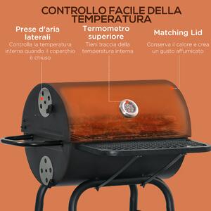 Outsunny Barbecue a Carbone con Coperchio, Termometro, Mensole e Ruote, 68x63x102 cm, Nero