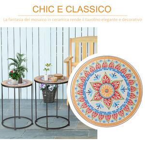 Outsunny Set 2 Tavoli da Giardino, Design con Mosaico, in Metallo e Ceramica, Perfetti per Esterni, Ф41x53 cm e Ф36x49.5 cm, Multicolore