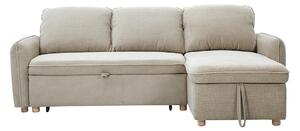 Divano ad angolo convertibile reversibile con baule 3 posti in tessuto ciniglia testurato beige e legno chiaro ORSO