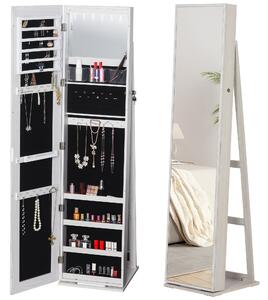 Specchio Portagioie da Terra a LED 15x15x61,75 cm con 4 Scaffali Struttura in Legno Bianco