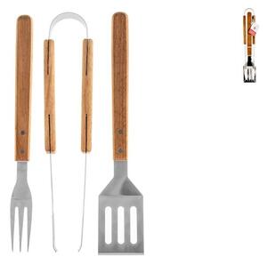 Set 3 pezzi barbecue in acciaio con manici in legno chiaro