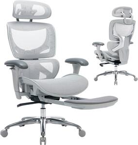 Sedia da ufficio ergonomica con struttura a rete, poggiapiedi, schienale alto e poggiatesta regolabile, braccioli 3D e supporto lombare, colore grigio