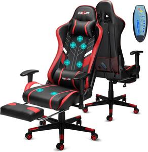 Sedia da gaming Douxlif, con massaggio a 7 punti, sedia ergonomica da ufficio con poggiapiedi, schienale regolabile da 90 a 175°, braccioli regolabili in 2 dimensioni, ideale per il gaming su PC