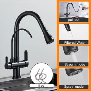 Rubinetto da cucina - Bocchetta estraibile - Due maniglie - Acqua calda e fredda - Nero opaco