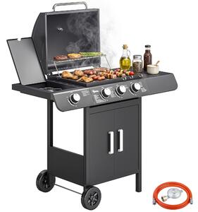 Outsunny Barbecue a Gas con Coperchio, 4 Bruciatori da 11.6kW, Fornello, Mensola e 2 Ruote, 110x50x100cm Nero