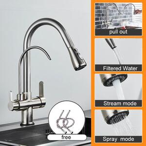 Rubinetto da cucina - Bocca estraibile - Due maniglie - Acqua calda e fredda - Argento