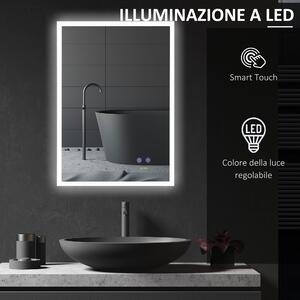 Kleankin Specchio Bagno con Luce LED 70x50 cm, Specchiera con Funzione Anti-Appannamento e Tasti Touch, Argento