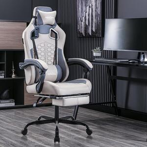 Sedia da gaming ergonomica beige, con poggiapiedi, supporto lombare e poggiatesta regolabili
