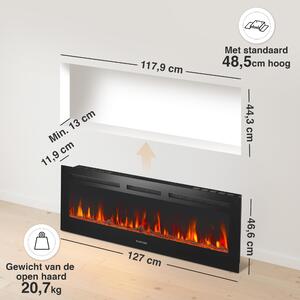 Stufa elettrica da 50 pollici - 1800 Watt - Metallo e plastica neri - Camino d'atmosfera con effetto fiamma 3D