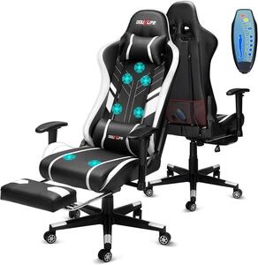 Sedia da gaming Douxlif, con massaggio a 7 punti, sedia ergonomica da ufficio con poggiapiedi, schienale regolabile da 90 a 175°, braccioli regolabili in 2 dimensioni, ideale per il gaming su PC