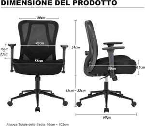 Sedia ergonomica da ufficio - Sedia da ufficio - Sedia da lavoro - Arredamento per ufficio - Sedia girevole - Altezza regolabile