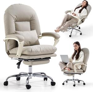 Sedia da ufficio ergonomica con poggiapiedi, schienale regolabile, rotelle e seduta confortevole, ideale per lavorare