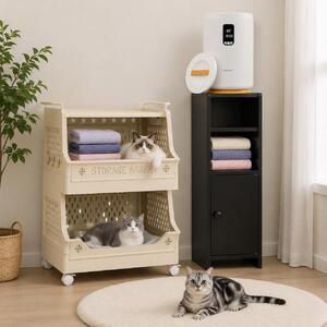 Set di mobili da bagno riscaldati (3 pezzi) – Mobile stretto, scaldasalviette e carrello portabiancheria con rotelle