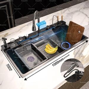 Rubinetto da cucina con erogatore a cascata, monocomando, in acciaio inossidabile, con display digitale, adatto per lavelli di grandi dimensioni