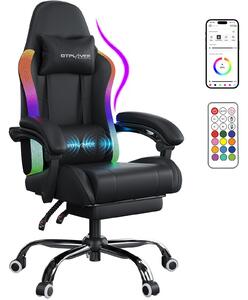Sedia da gaming GTPLAYER, sedia da ufficio, poltrona da gaming con barra luminosa LED e funzione di massaggio, sedia da gamer, sedia ergonomica per PC con telecomando, colore nero
