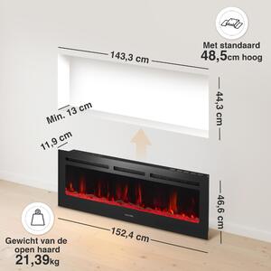 Camino elettrico da parete - 60 pollici - 1800 Watt - Effetto fiamma 3D - Nero