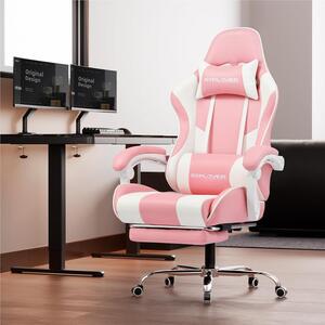 Sedia da gaming ergonomica con funzione massaggio, poggiapiedi e rivestimento in pelle rosa