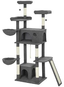 PawHut Albero tiragraffi con 3 letti, 2 piattaforme e 3 giocattoli sospesi, altezza 174 cm, Grigio | Aosom Italy
