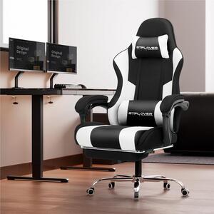 Sedia da gaming ergonomica con poggiapiedi, funzione massaggio e rivestimento in tessuto nero e bianco